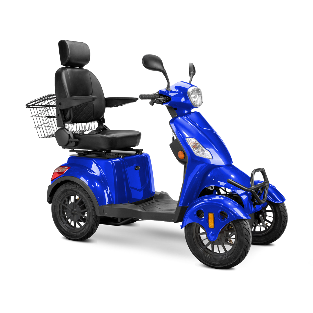 The Bespoke Prestige Recreational 4-Wheel Scooter features a 600-watt motor, black cushioned adjustable seat with headrest and armrests, rear metal basket, and is designed for comfortable personal transportation.